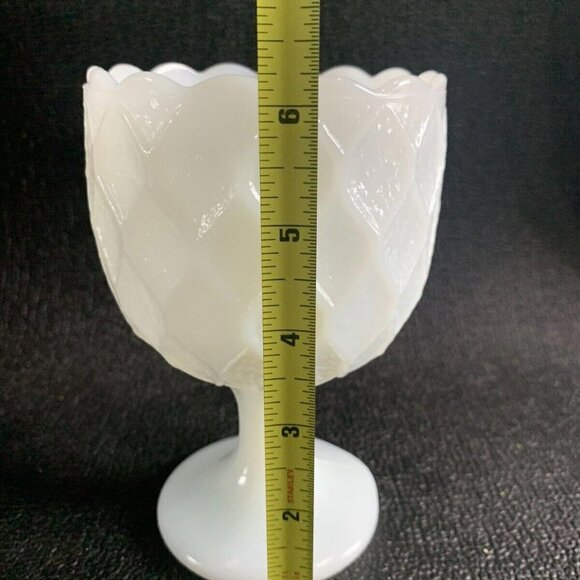 Vintage White Milk Glass Goblet Compote Pedestal Quilted Large 6.5" Tall - Picture 11 of 12